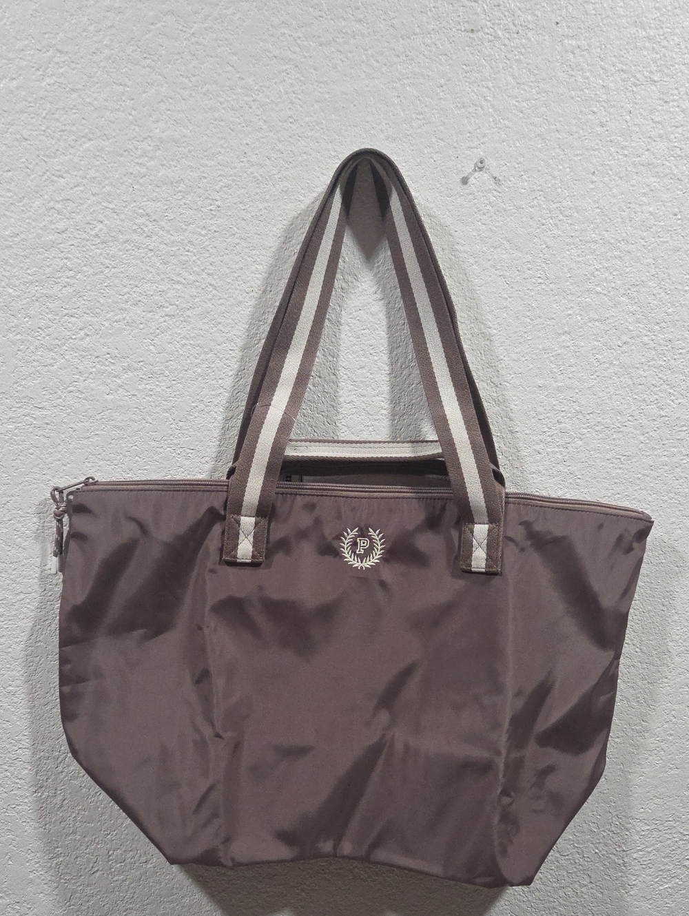 PINK Victoria's Secret Taupe Nylon Tote with Striped Handles